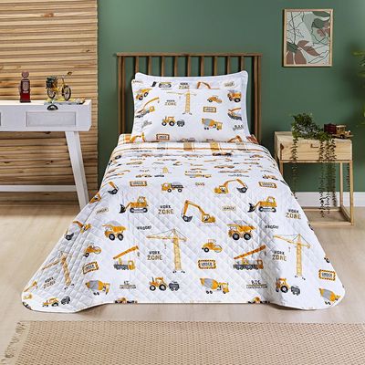 Kit Cobre Leito Colcha Solteiro Infantil Lutti Dupla Face 200 Fios 2 Peças Trator Caminhão Branco