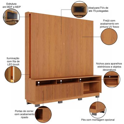 Estante Painel Para TV 75 Pol LED 200cm Yarden C04 Freijó - Lyam Decor