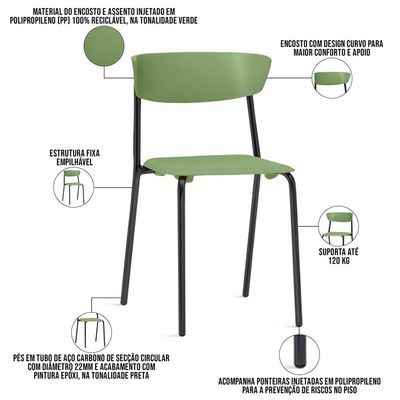 Kit 02 Cadeiras Empilhável Fixa Atom F02 Base Aço Preta Verde - Lyam Decor