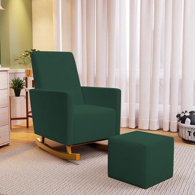Poltrona de Amamentação com Balanço e Puff Ravena W01 Suede Verde  - Lyam Decor