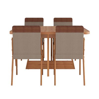 Conjunto de Mesa Quadrada com Tampo MDP Nogal Átria e 4 Cadeiras Madalena Linho Areia e Caramelo