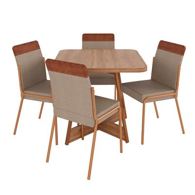Conjunto de Mesa Quadrada com Tampo MDP Nogal Átria e 4 Cadeiras Madalena Linho Areia e Caramelo