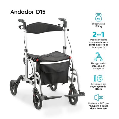 Andador Cadeira 2 em 1 D15 até 135 Kg Dellamed Preto