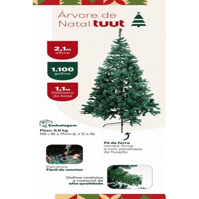 Árvore De Natal Pinheiro 2,10m 1.100 galhos - Verde