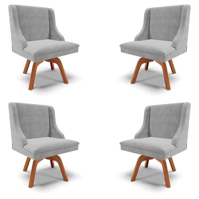 Kit 4 Cadeiras Decorativas Sala de Jantar Base Giratória de Madeira Firenze Suede Cinza/Natural G19 - Gran Belo