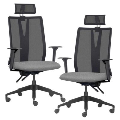 Kit 2 Cadeiras Escritório Giratória Presidente Flow F02 Base Preta Linho Cinza Escuro - Lyam Decor