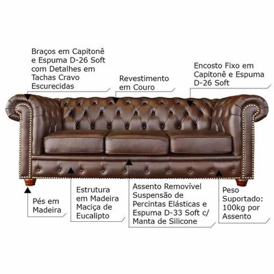 Sofá 3 Lugares Sala de Estar Chesterfield Pés Madeira Couro Tabaco Brilho - Gran Belo