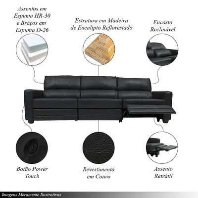 Sofá Sala de Cinema Elétrico Maldivas Reclinável Retrátil 4 Lugares 281cm Couro Preto G40 - Gran Belo