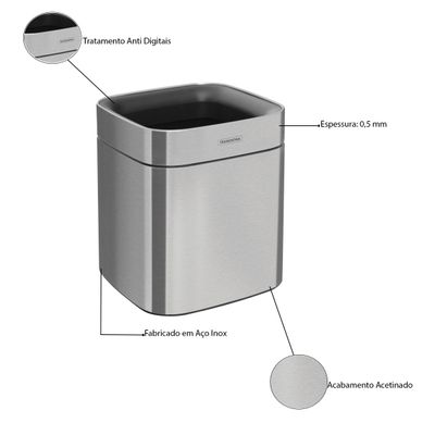 Lixeira Square Aço Inox Acetinado Sem Tampa 8 Litros - Tramontina 94540/108