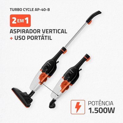 Aspirador Vertical AP40B 2 em 1 1500W Filtro Ciclone Lavável Mondial Preto com Laranja / 220V