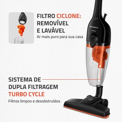 Aspirador Vertical AP40B 2 em 1 1500W Filtro Ciclone Lavável Mondial Preto com Laranja / 220V