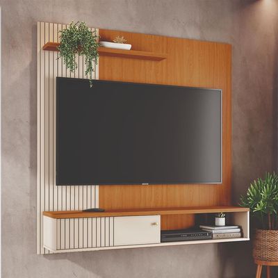 Painel Suspenso para TV Aurora 160cm Ripado Porta Deslizante Madetec Cinamomo/Off White