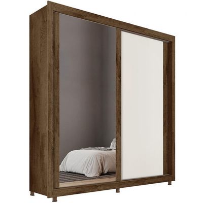 Guarda Roupa Solteiro Hamburgo 180cm 2 Portas 4 Gavetas e Espelho Mademarques Brauna/Off White/Brauna