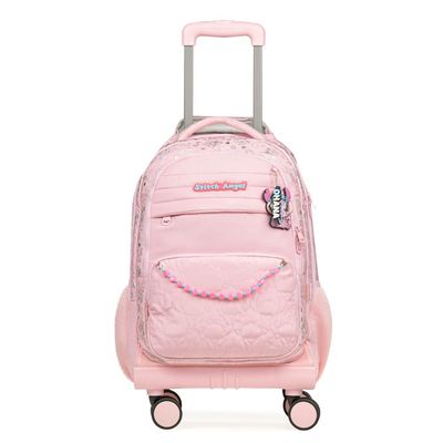 Kit Mochila de 4 rodinhas + Estojo Escolar Feminino Grande Stitch & Angel Rosa Claro