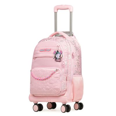 Kit Mochila de 4 rodinhas + Estojo Escolar Feminino Grande Stitch & Angel Rosa Claro
