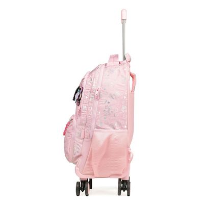 Kit Mochila de 4 rodinhas + Estojo Escolar Feminino Grande Stitch & Angel Rosa Claro