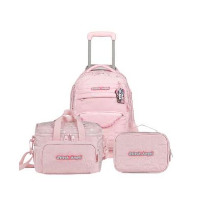 Kit Mochila de 4 rodinhas + Lancheira Térmica Feminina Stitch & Angel Rosa Claro