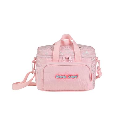 Kit Mochila de 4 rodinhas + Lancheira Térmica Feminina Stitch & Angel Rosa Claro