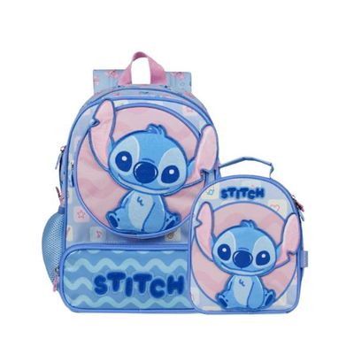 Kit Mochila Escolar e Lancheira Térmica Infantil Feminina Stitch Baby Azul Clara