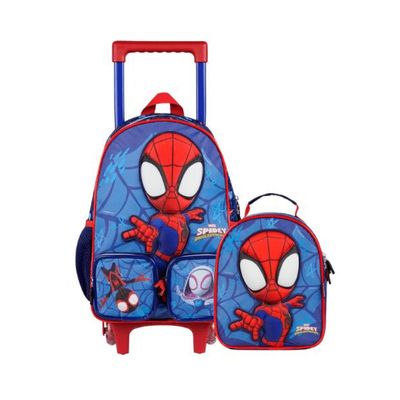 Kit Mochila de Rodinha e Lancheira Térmica Infantil Masculina Spidey Baby 3D Azul Escuro