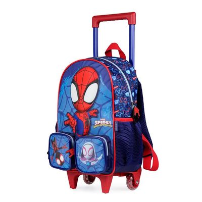 Kit Mochila de Rodinha e Lancheira Térmica Infantil Masculina Spidey Baby 3D Azul Escuro