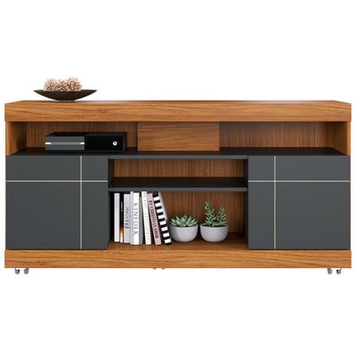 Rack Para Sala de Estar TV 47 Pol com Rodízios Raya C04 Noce Milano Preto Fosco - Lyam Decor
