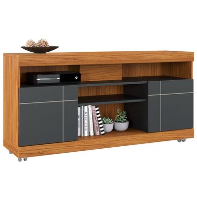 Rack Para Sala de Estar TV 47 Pol com Rodízios Raya C04 Noce Milano Preto Fosco - Lyam Decor