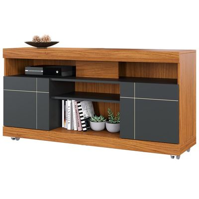 Rack Para Sala de Estar TV 47 Pol com Rodízios Raya C04 Noce Milano Preto Fosco - Lyam Decor