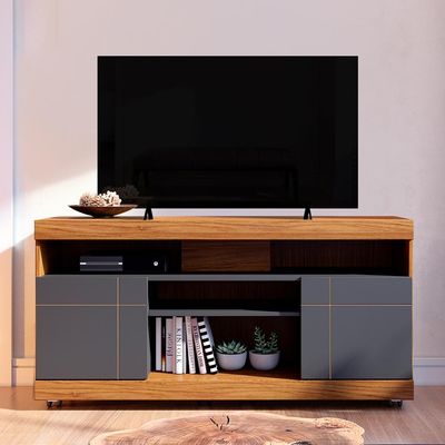 Rack Para Sala de Estar TV 47 Pol com Rodízios Raya C04 Noce Milano Preto Fosco - Lyam Decor