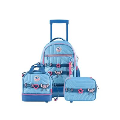 Kit Mochila de Rodinhas + Lancheira Térmica + Estojo Feminino Stitch Star Azul