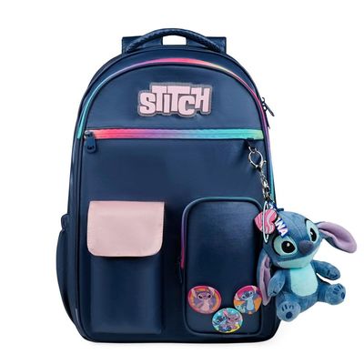 Kit Mochila Escolar, Lancheira Térmica  e Estojo Box Feminino Grande Stitch Azul