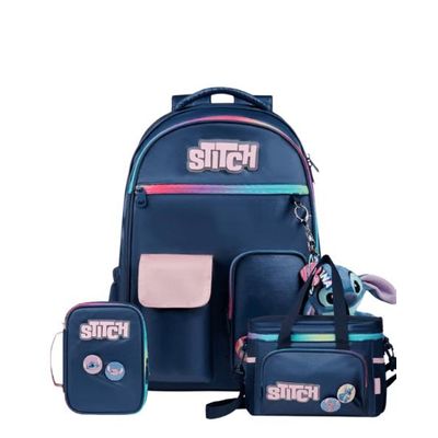 Kit Mochila Escolar, Lancheira Térmica  e Estojo Box Feminino Grande Stitch Azul