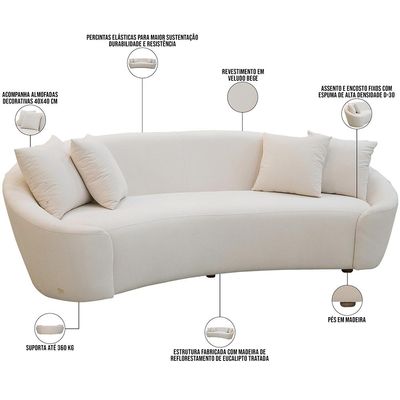 Sofá 3 Lugares Orgânico Sala de Estar Living 230cm Adam T03 Veludo Bege - Lyam Decor