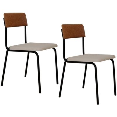 Kit 02 Cadeiras Estofada Para Sala De Jantar Sense Preto C01 Linho Palha Courino Caramelo - Lyam Decor