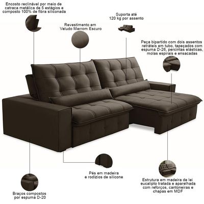 Sofá Retrátil Reclinável Para Sala 4 Lugares 290cm Curie F04 Veludo Marrom Escuro - Lyam Decor