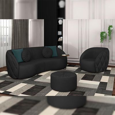 Kit 2 Puffs Decorativos Sala De Estar Round PU Preto - Gran Belo