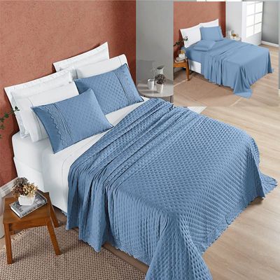 Coordenado Cobre Leito e Lençol Divino Queen 7 Pç - Azul