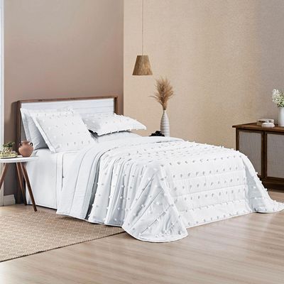 Cobre Leito Colcha King Pompom 3 Peças Branco- 100% Poliéster