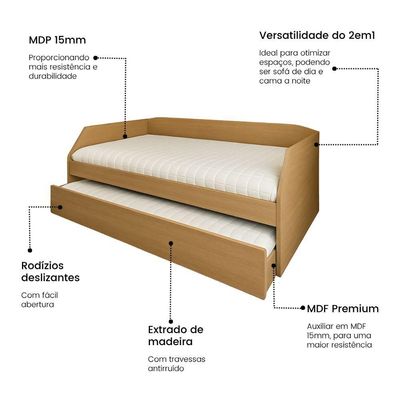 Sofá Cama Solteiro Duo Com Cama Auxiliar Em Mdf Reforçado 15mm Amendoa