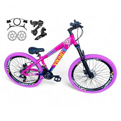 Bicicleta Aro 26 VikingX Tuff X25 21v Freio a Disco Rosa-azul