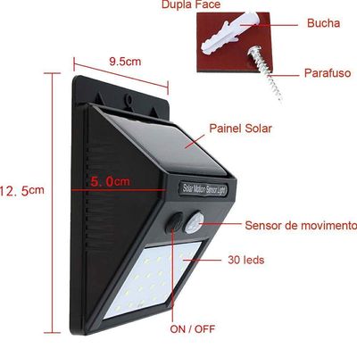 Luminaria Solar Jardim Parede 30 Led Sensor Movimento Gt512