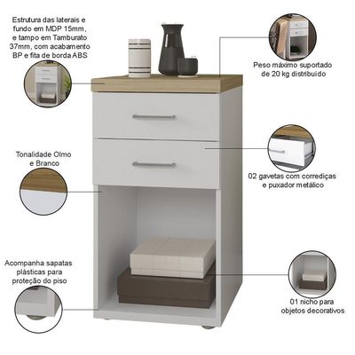 Gaveteiro Para Escritório Home Office 2 Gavetas Orly A02 Olmo Branco - Lyam Decor