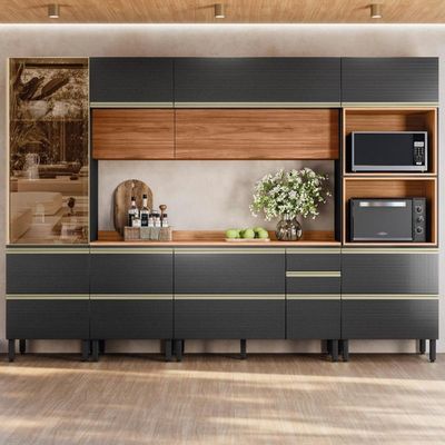 Cozinha Modulada Proença 6 Peças Com Cristaleira Nogueira Touch/carbono Prime Tx