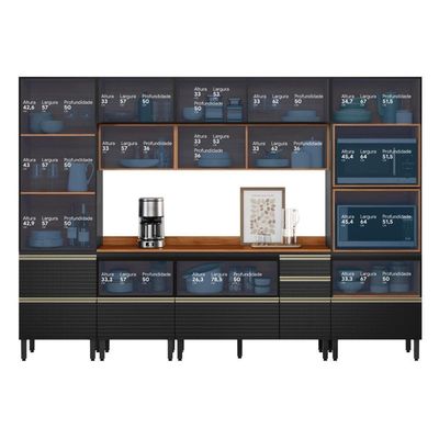 Cozinha Modulada Proença 6 Peças Com Cristaleira Nogueira Touch/carbono Prime Tx