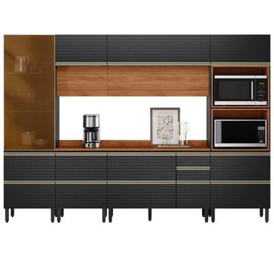 Cozinha Modulada Proença 6 Peças Com Cristaleira Nogueira Touch/carbono Prime Tx