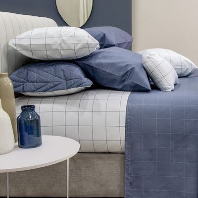 Jogo de Cama Duplo Casal 4 Peças Percal 180 Fios Grid Azul Sonhare Prata