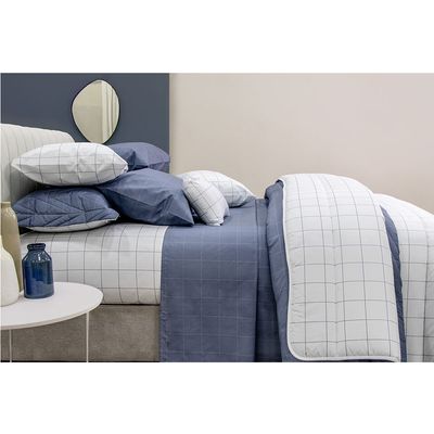 Jogo de Cama Duplo Casal 4 Peças Percal 180 Fios Grid Azul Sonhare Prata