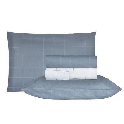 Jogo de Cama Duplo Casal 4 Peças Percal 180 Fios Grid Azul Sonhare Prata