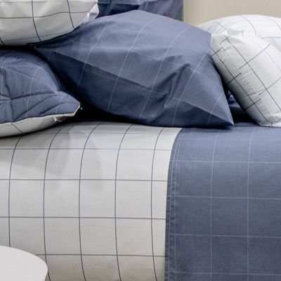 Jogo de Cama Duplo Casal 4 Peças Percal 180 Fios Grid Azul Sonhare Prata