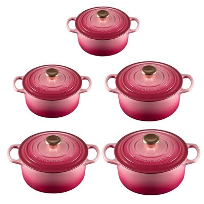 KIT LE CREUSET 5 PANELAS REDONDAS EM FERRO FUNDIDO ROSA BERRY